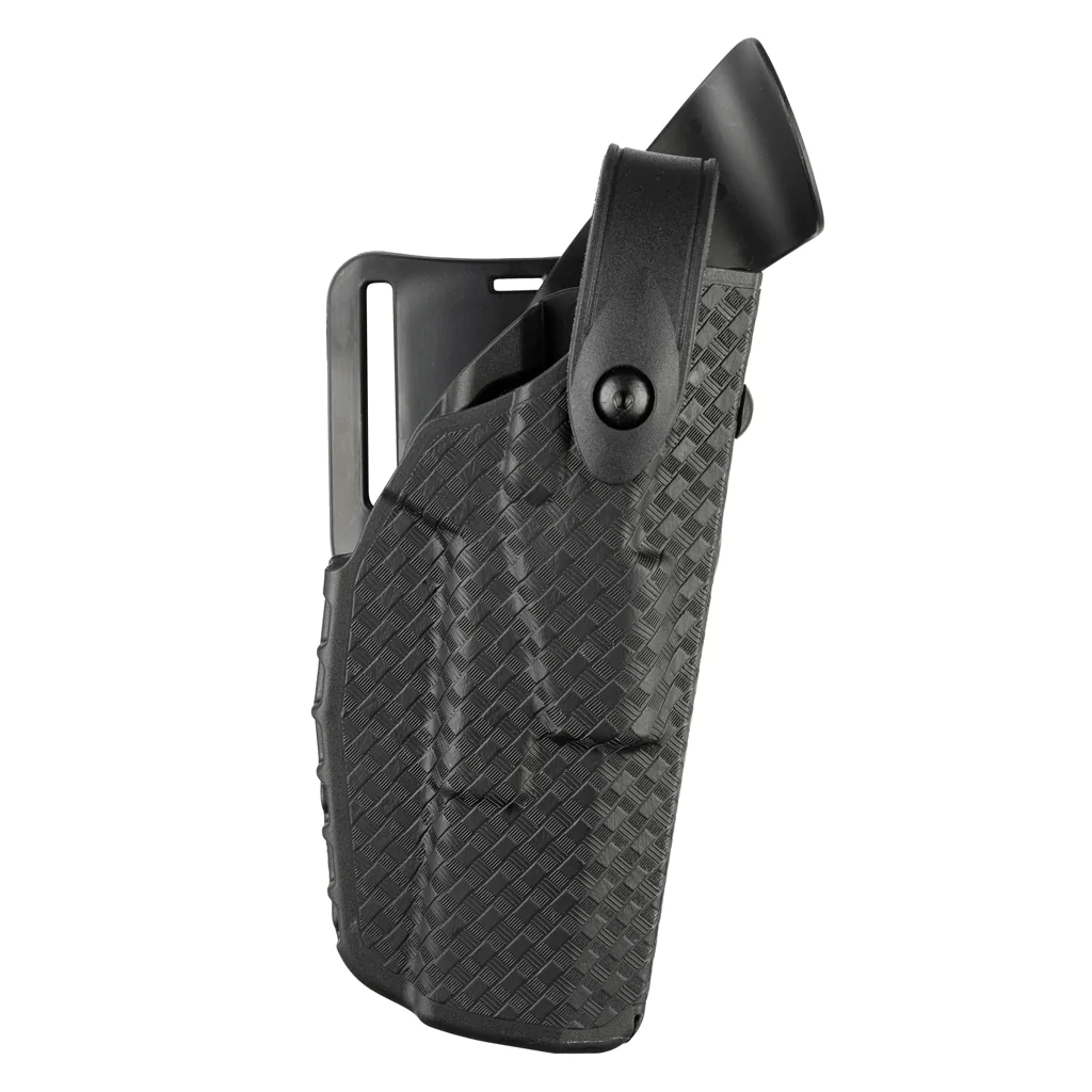 Safariland Model 7280 7TS SLS Mid-Ride duty holster in black, designed for Smith & Wesson M&P 9 with light attachment.