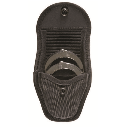 Safariland Model 7317 Double Handcuff Case in black with two handcuffs securely stored inside.