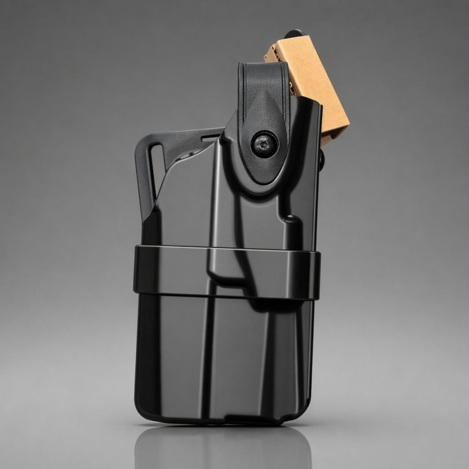 High gloss black gun holster on a gray background
