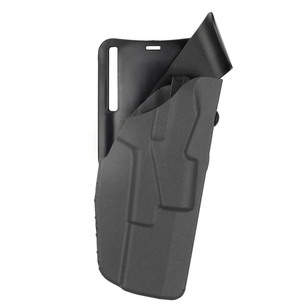 Safariland Model 7395 7TS ALS Low Ride Duty Holster for Smith & Wesson M&P 9, showing sleek design and automatic locking system.