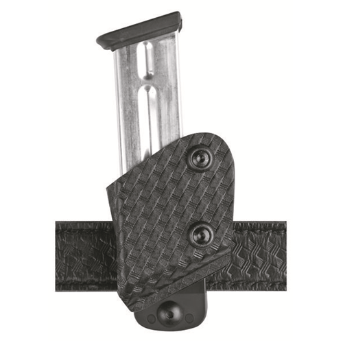 Safariland Model 773 magazine pouch with belt loop holding a magazine, showcasing its innovative open-top design.