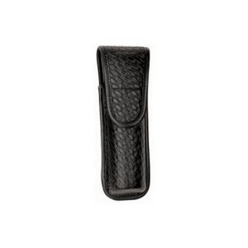 Safariland Model 7907 OC/Mace Spray Holder in black leather-like finish with full flap for secure canister storage.