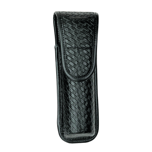 Safariland Model 7907 OC/Mace Spray Holder in black leather-like finish with flap closure and woven design.
