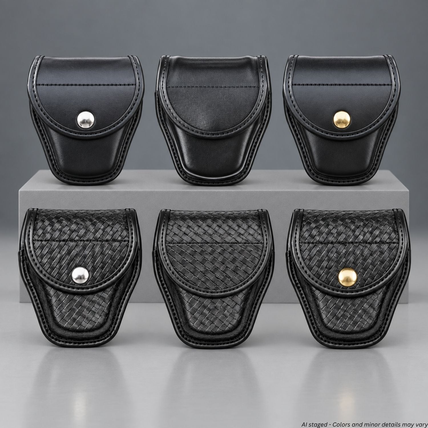 Safariland Model 7917 double handcuff cases in black smooth and basketweave finishes with silver, brass, and hidden snaps, displayed in two tiers.