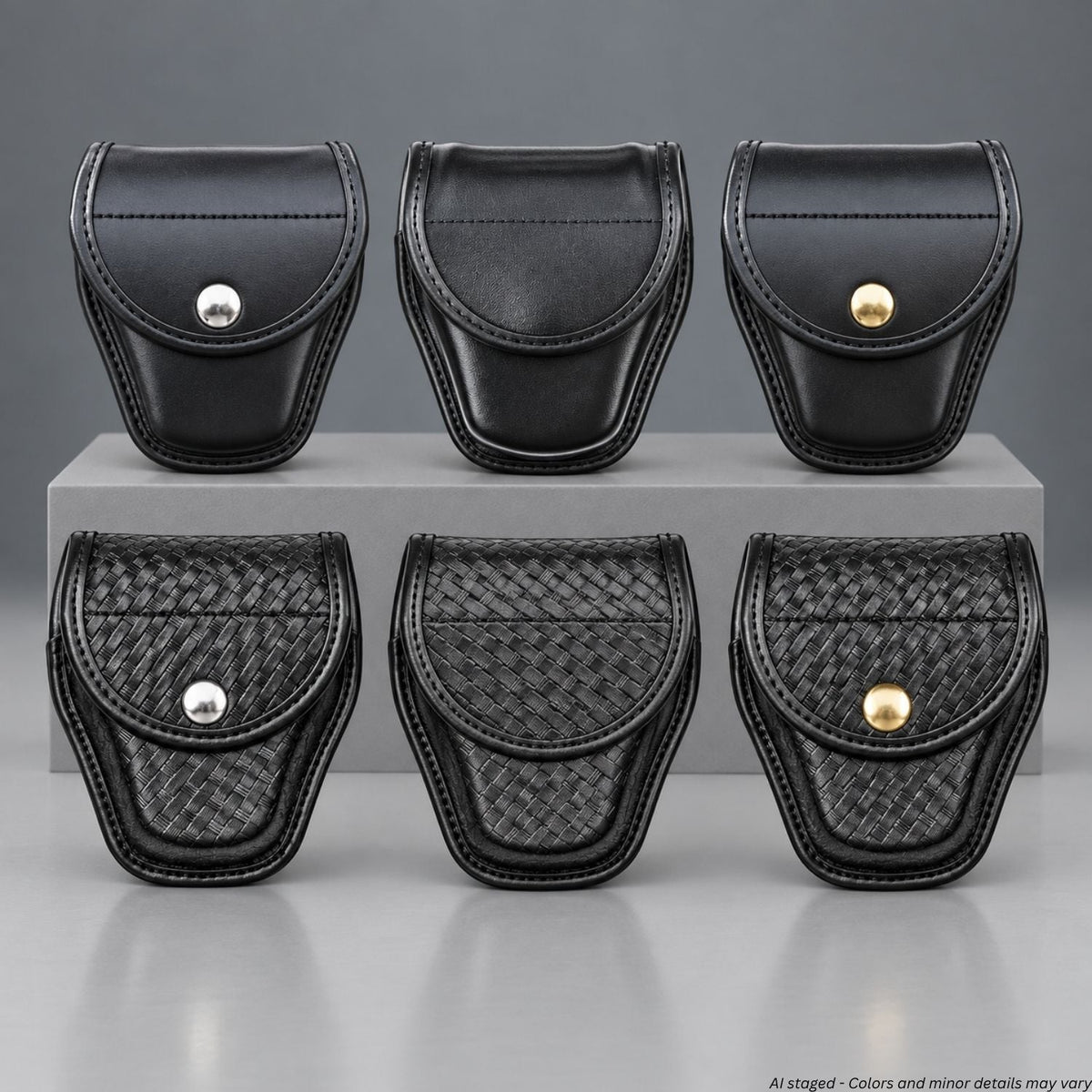 Safariland Model 7917 double handcuff cases in black smooth and basketweave finishes with silver, brass, and hidden snaps, displayed in two tiers.