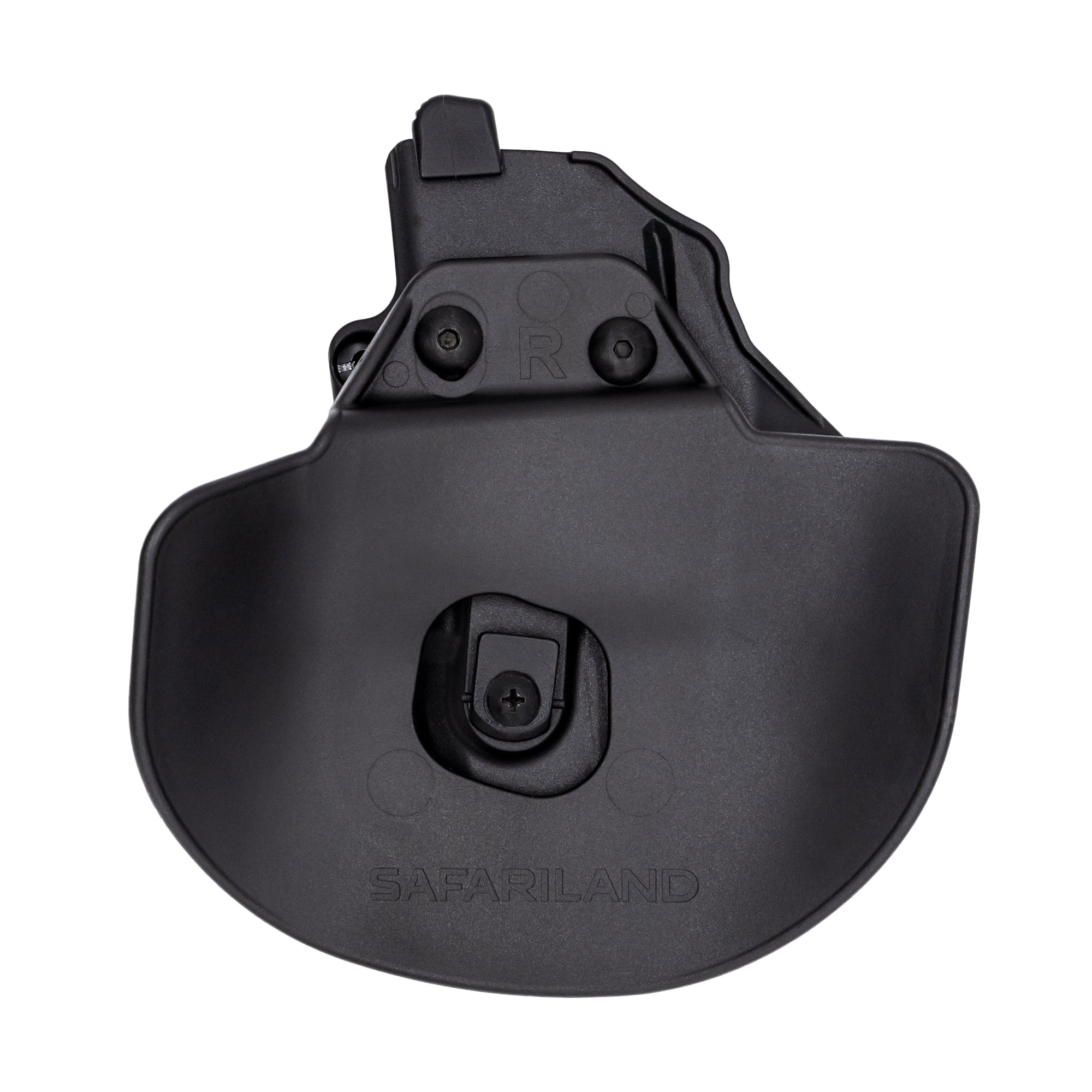 Rear view of Safariland Solis holster body showing paddle mounting hardware, retention screws, and right-hand indicator stamp