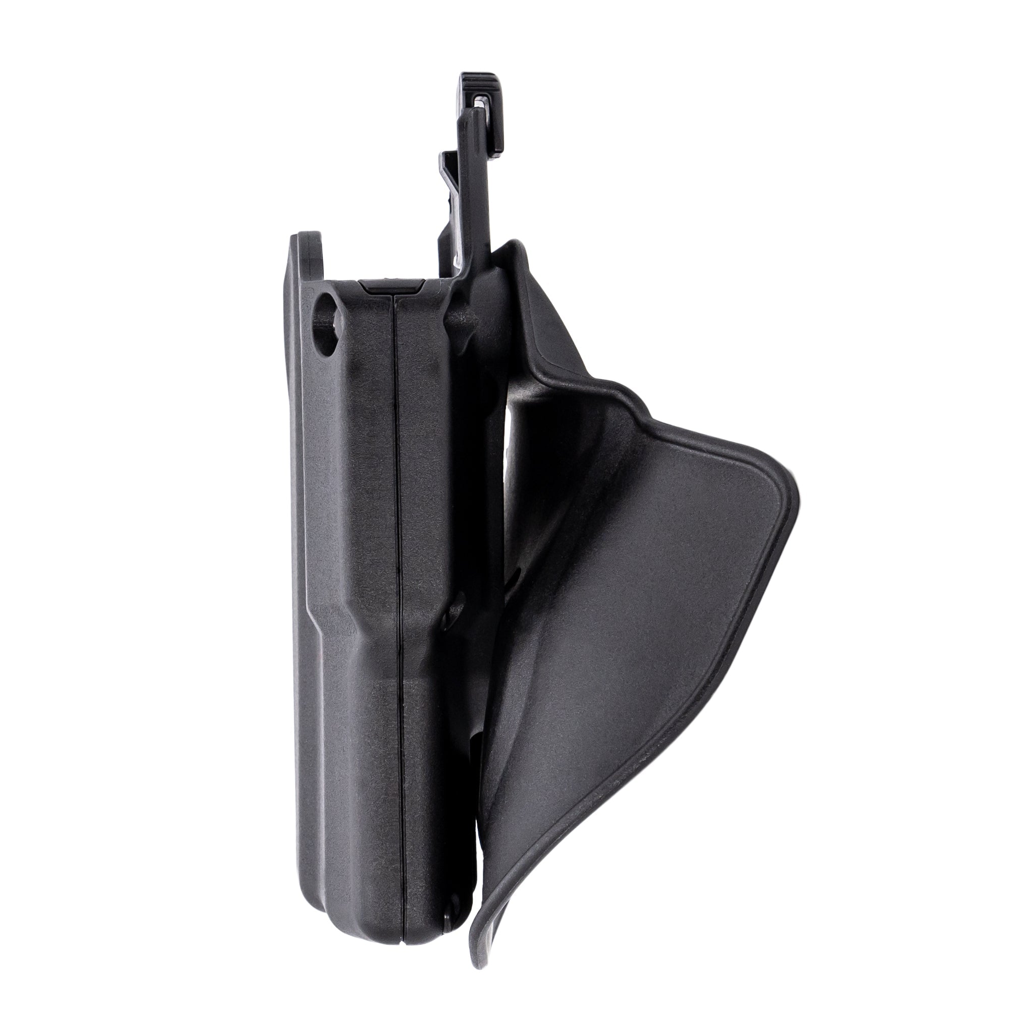 Second left-side profile view of Safariland Solis OWB holster for Glock 19 showing open muzzle end, belt paddle arm extension, and ALS lever housing in matte black