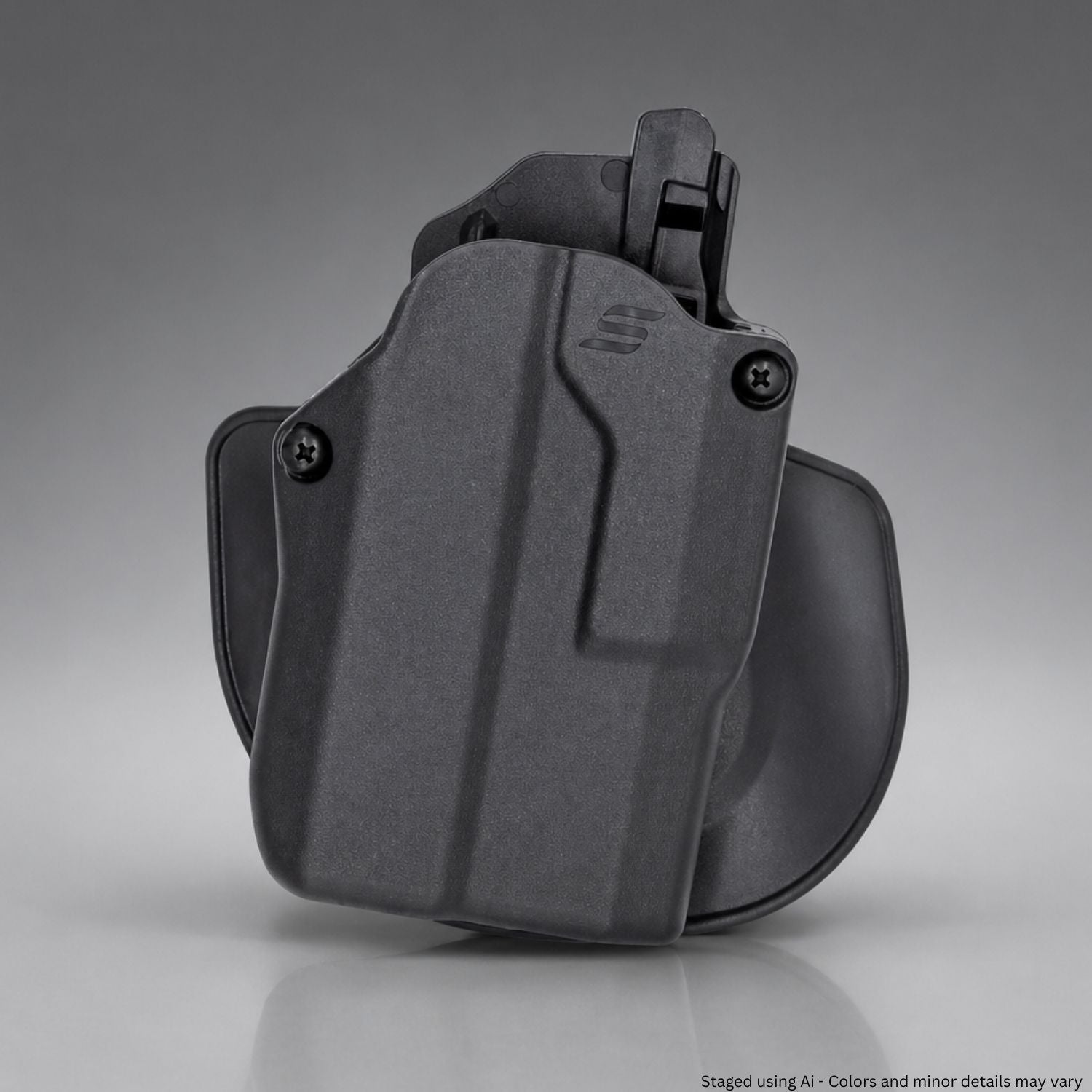 Safariland Solis OWB holster front view showing molded SafariSeven body, Safariland brand badge, visible adjustment screws, and matte black STX Tactical finish