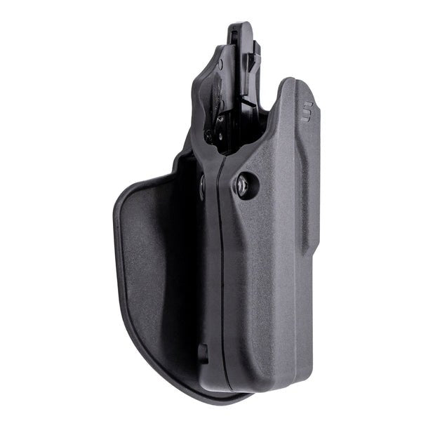 Side profile of Safariland Solis OWB holster showing two-piece reinforced body, Chicago screws, and Safariland logo badge