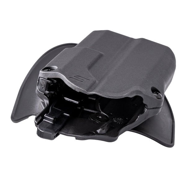 Angled top-down view of Safariland Solis holster showing open muzzle end, light channel bay, and ALS lever housing