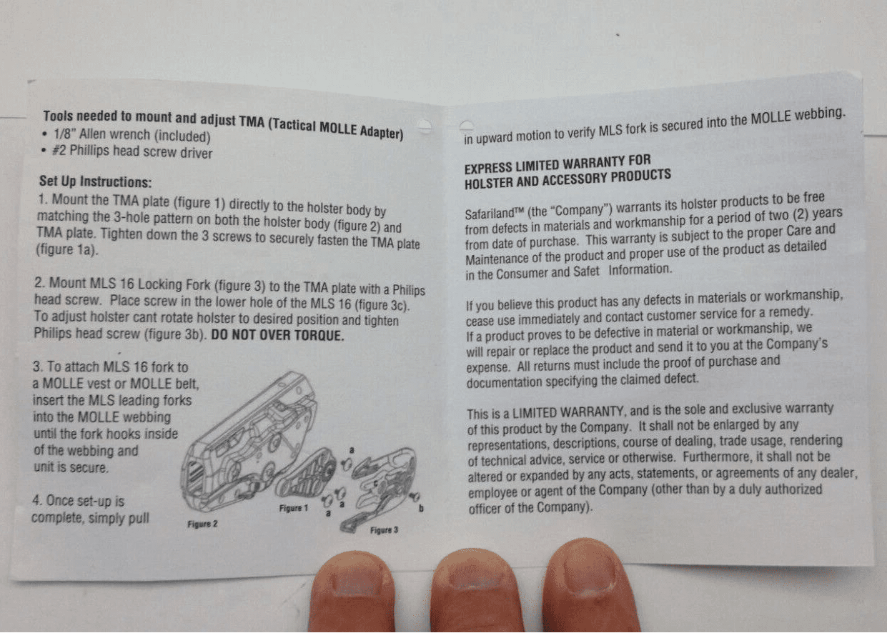 Hand holding a paper with set-up instructions and warranty information for a tactical MOLLE adapter.