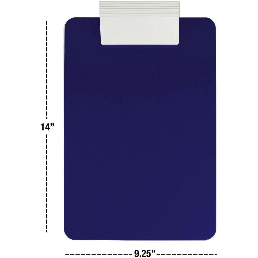Navy blue clipboard with measurements strip on a white background