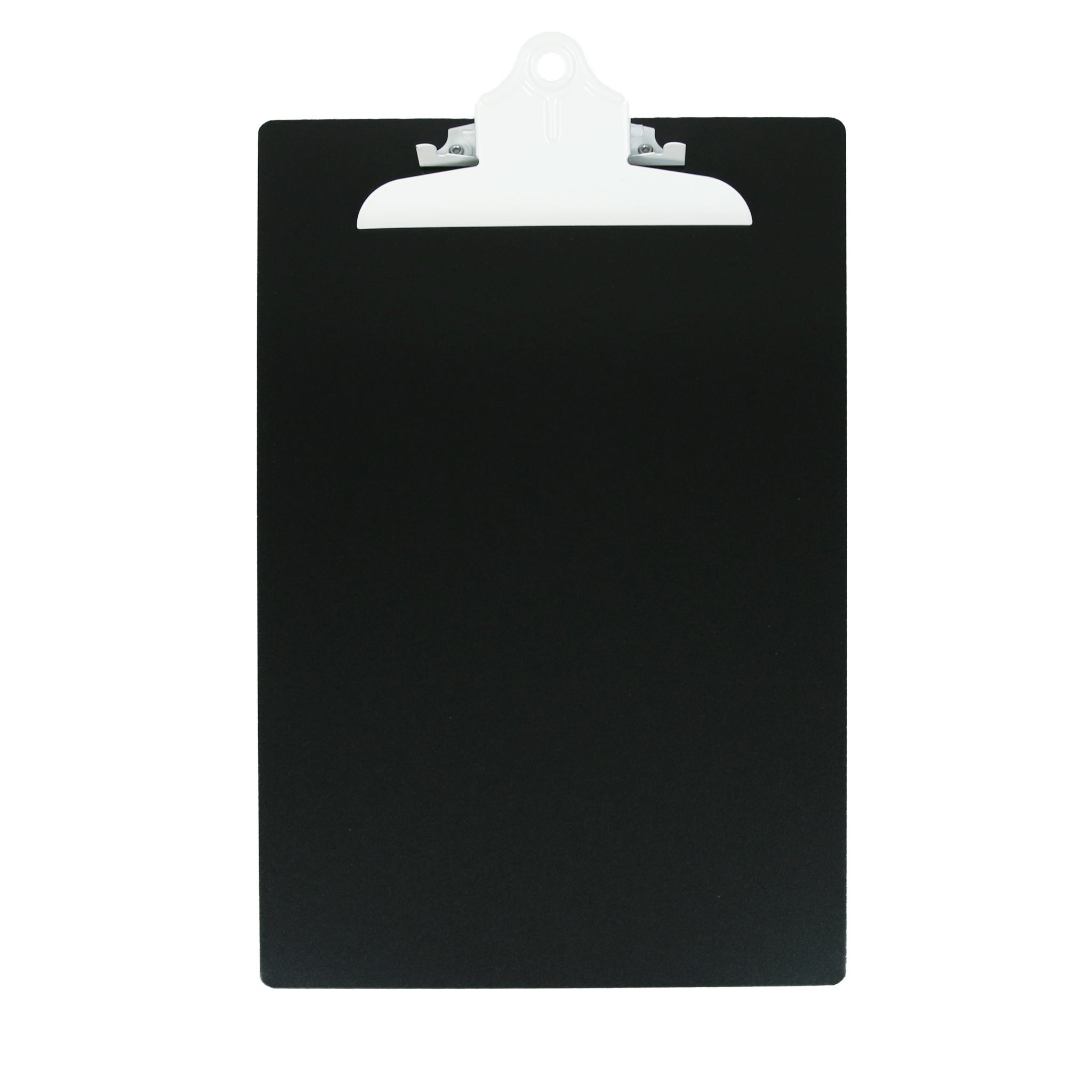 Black aluminum legal size clipboard with white clip, featuring a smooth writing surface and sturdy design.