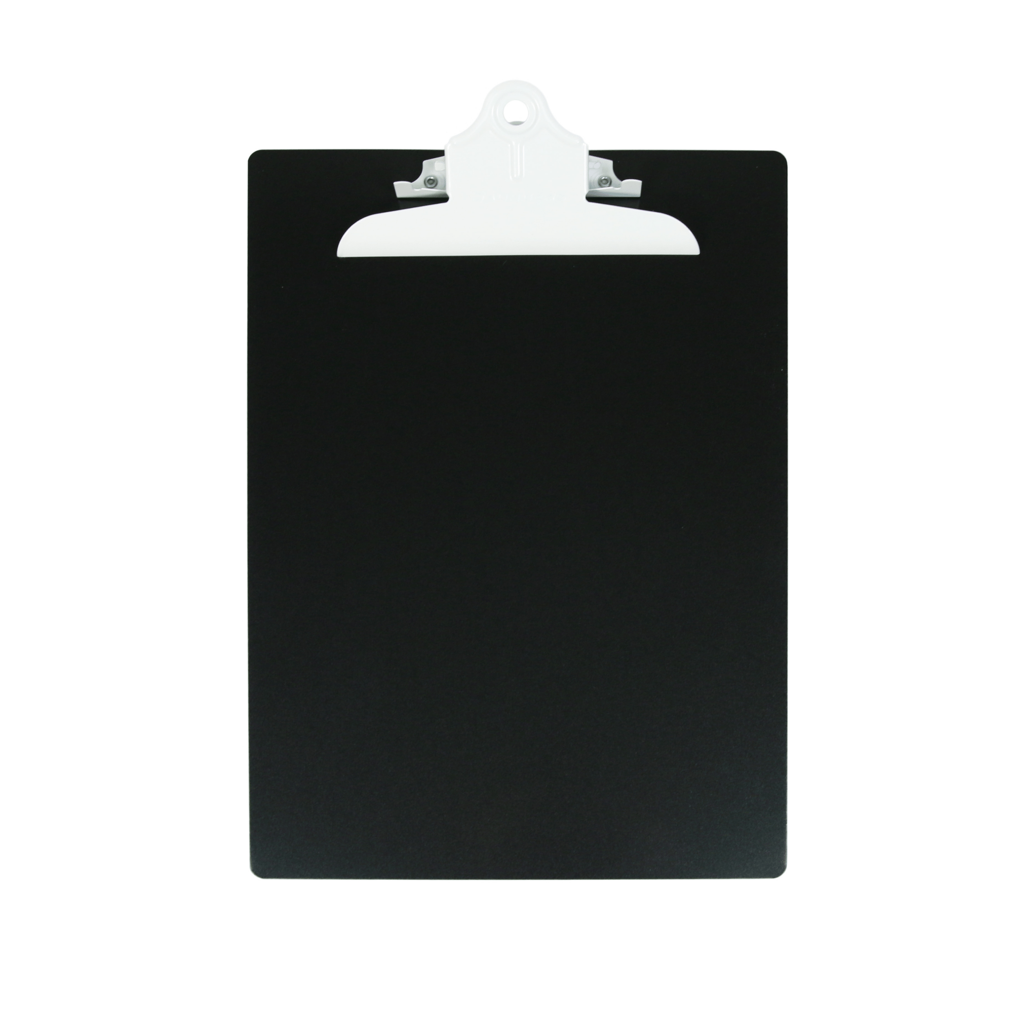 Saunders black aluminum clipboard with white clip, lightweight design, smooth writing surface, durable recycled materials.