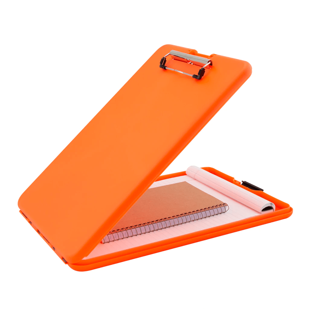 Bright orange Saunders Slimmate clipboard with storage, holding a notebook and rolled paper for easy organization.