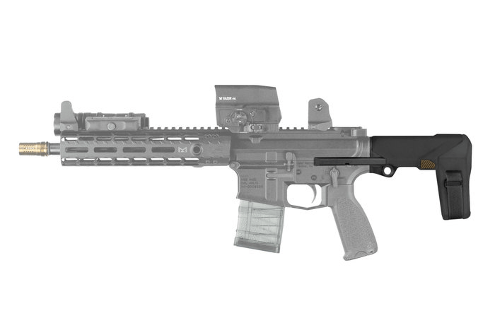 SB Tactical HB AR Brace in black installed on an AR-15 platform, showcasing its adjustable design and sleek appearance.