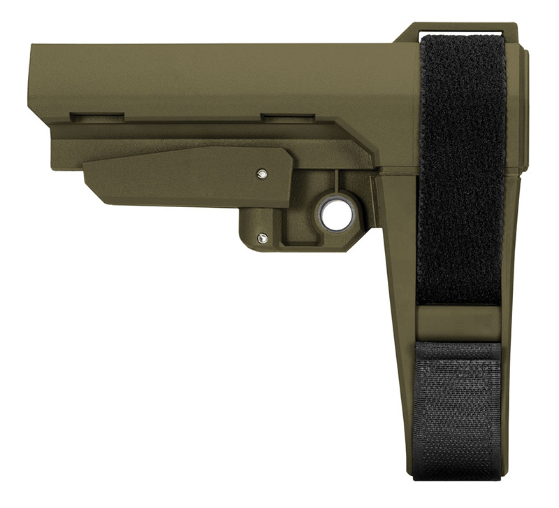 SB Tactical SBA3 OD Green stock with adjustable design and ambidextrous QD sling socket for enhanced versatility.