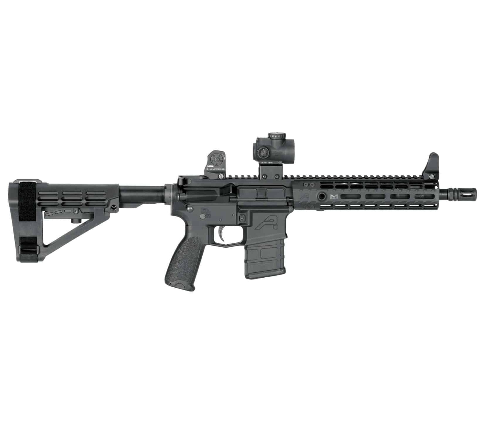 Black rifle with scope on a white background