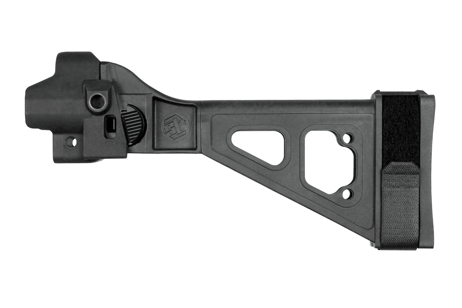 SB Tactical SBT5 side folding brace for MP5, AP5, and compatible 9mm pistols, featuring a durable polymer design.