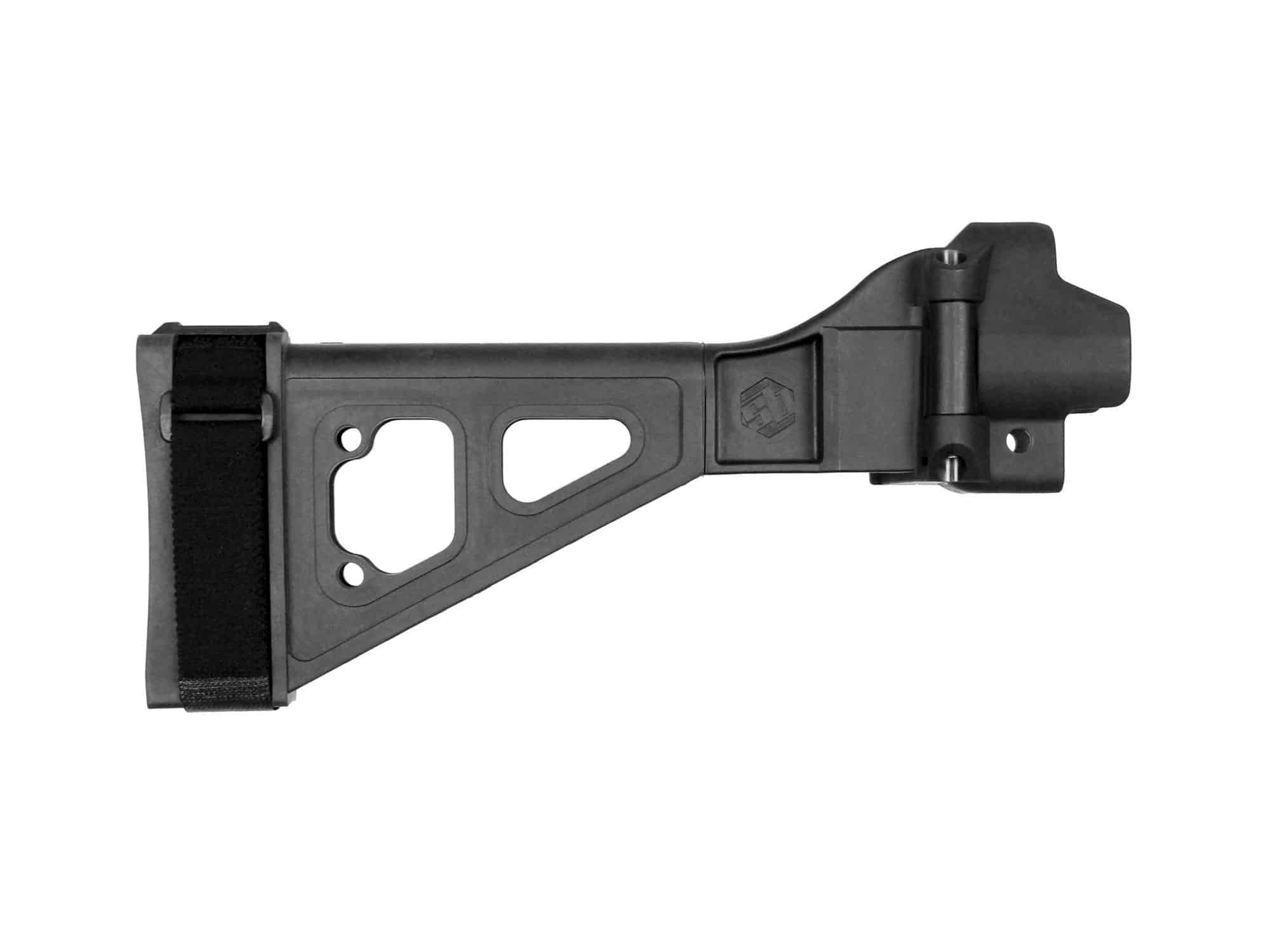 SB Tactical SBT5 side folding brace for MP5 with integral endplate and adjustable strap. Compatible with HK SP5 and similar models.