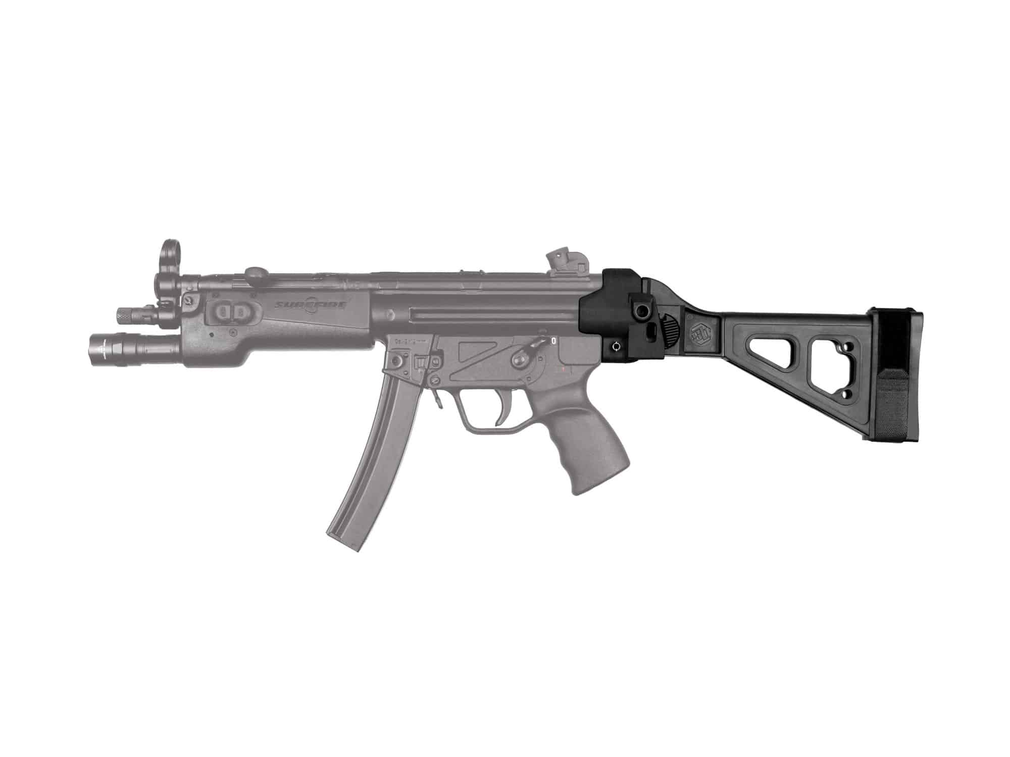 SB Tactical SBT5 side folding brace installed on MP5-style firearm, showcasing ergonomic design and tactical features.