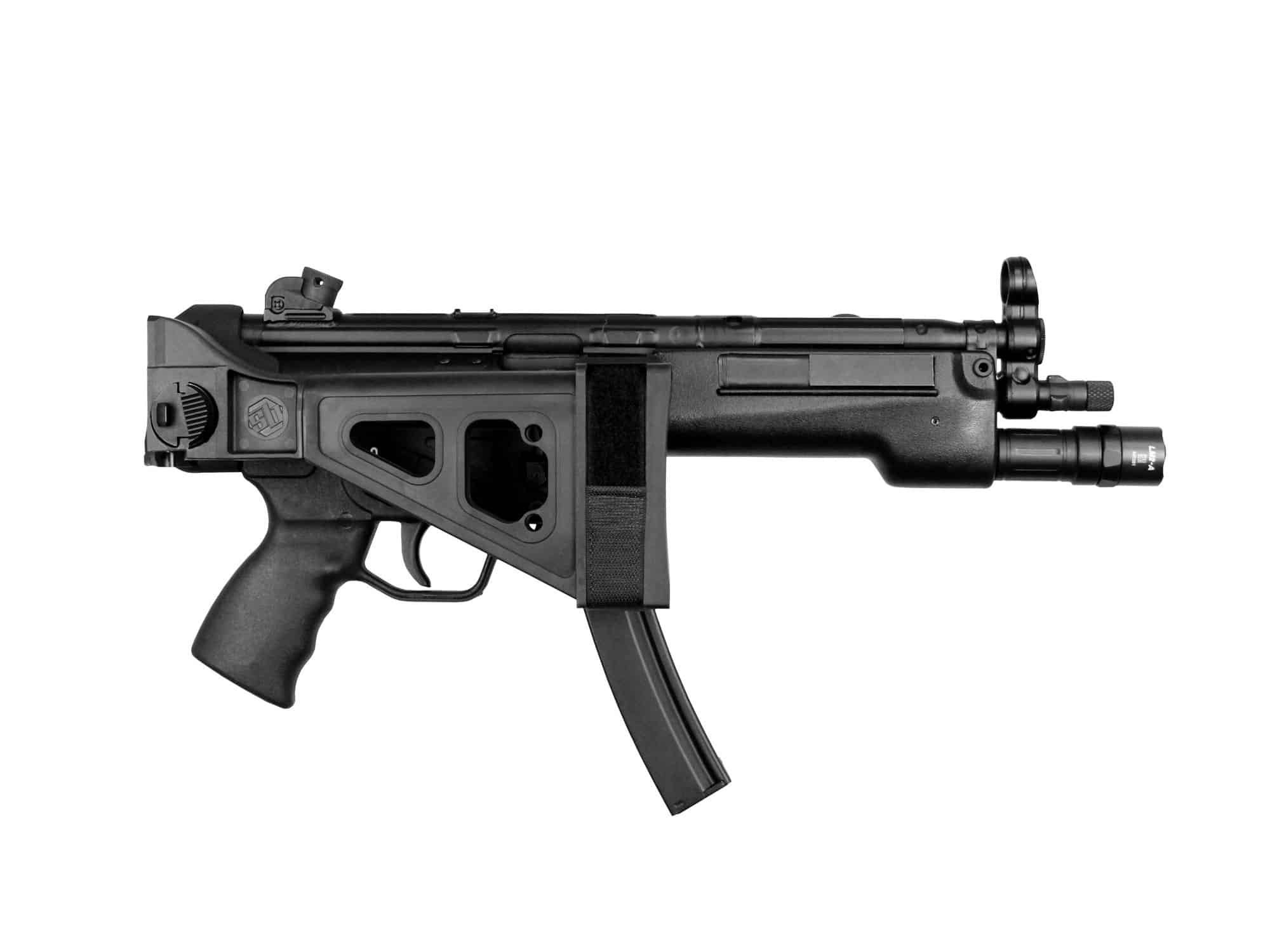 SB Tactical SBT5 side folding brace installed on an HK MP5-style firearm, showcasing sleek design and functionality.