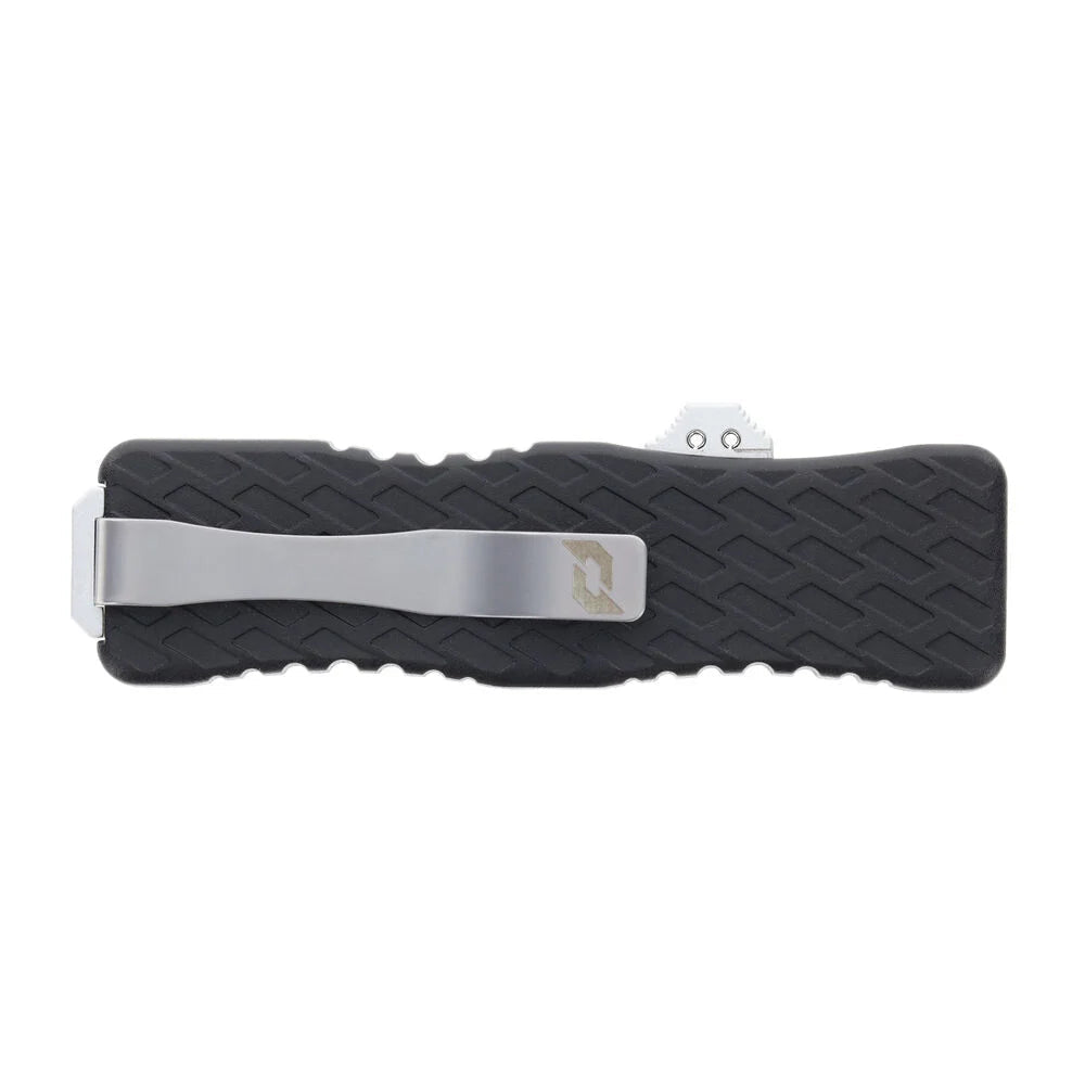 Schrade Uproar OTF knife closed, showing textured black aluminum handle and tip-down pocket clip