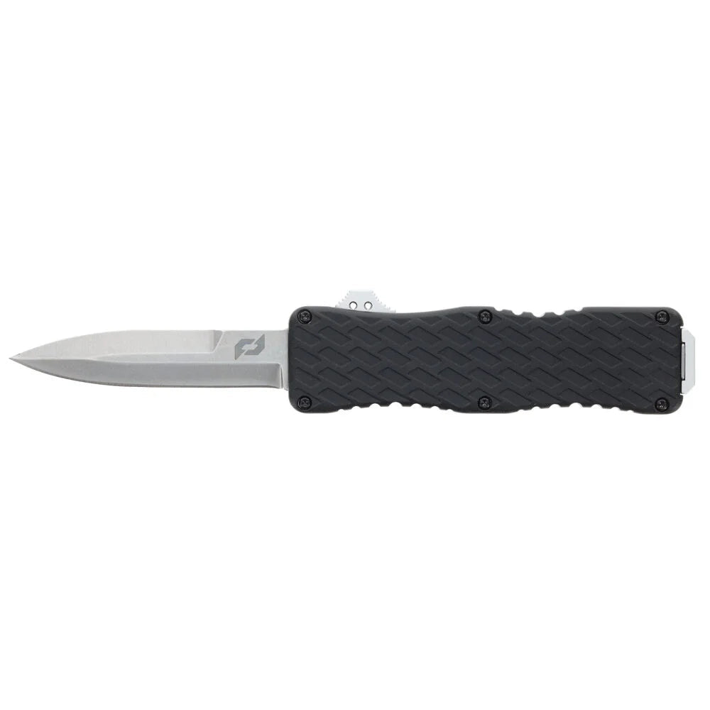 Schrade Uproar OTF with single-edge D2 dagger blade extended from the black aluminum handle