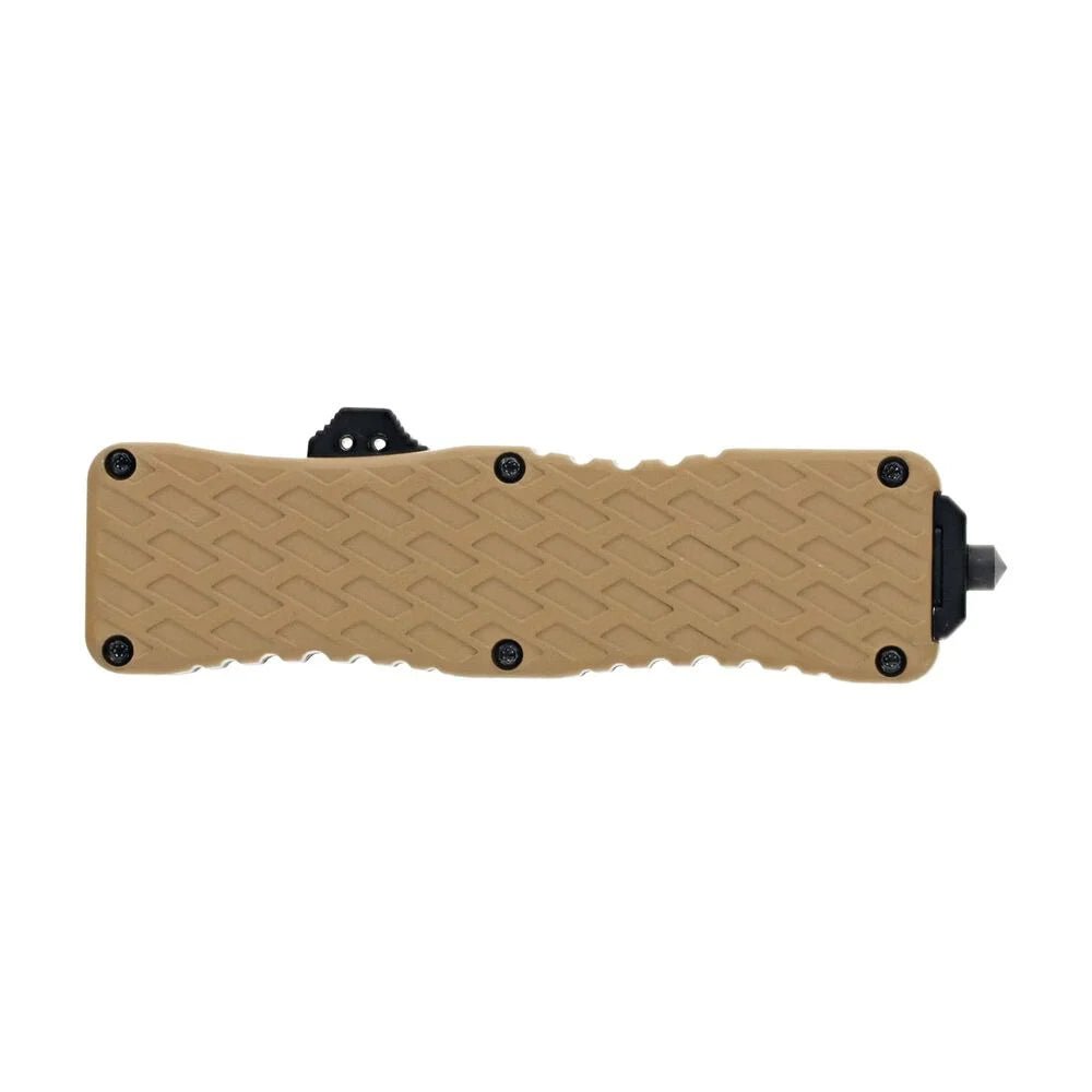Closed Schrade Uproar Tactical OTF showing textured FDE aluminum grip, thumb slide, and glass breaker