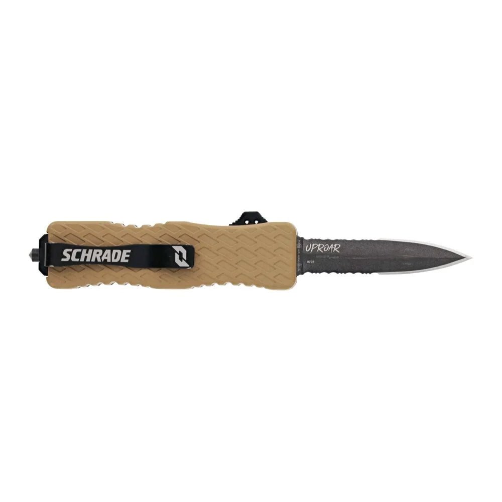 Pocket clip side of the Schrade Uproar Tactical OTF knife with black oxide dagger blade extended