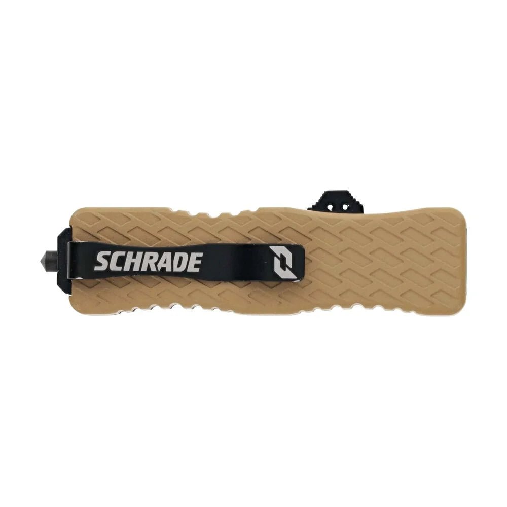 Closed Schrade Uproar Tactical OTF knife with tip-down Schrade pocket clip and glass breaker pommel