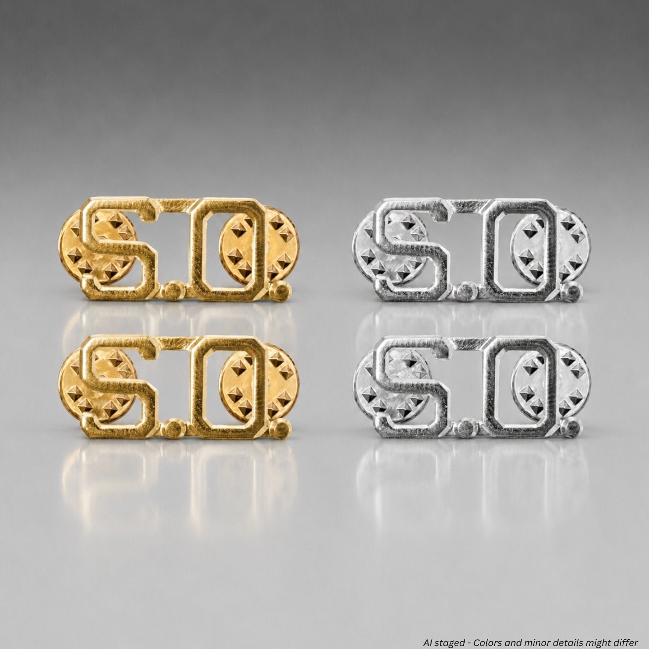 First Class S.O. Collar Pins side-by-side comparison of gold plate IN50 and silver nickel plate IN51 finish options