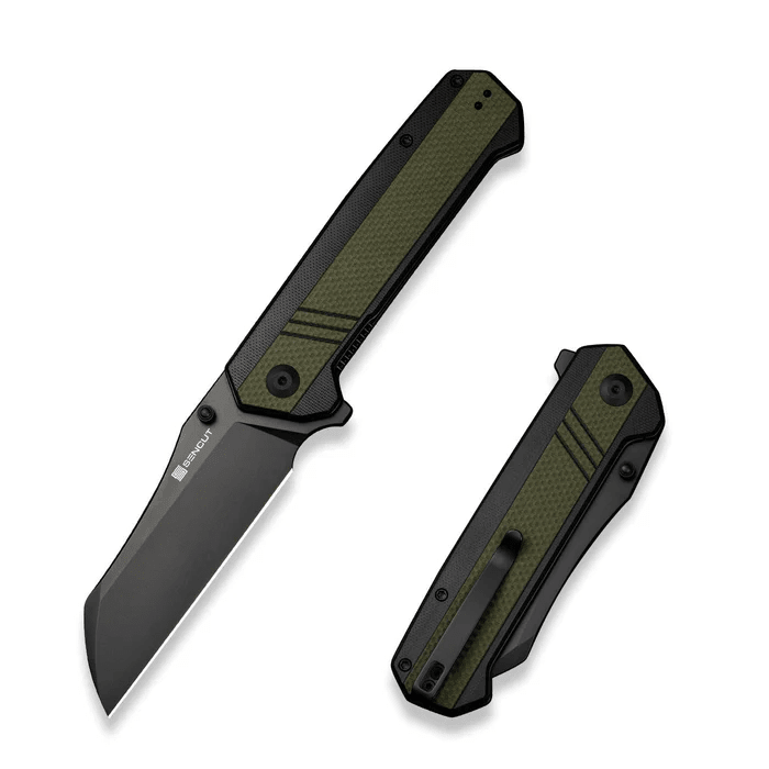 SENCUT Draxor Flipper/Thumb Stud Folding Knife 3.70" Black 9Cr18MoV Sheepsfoot Plain Edge Blade, Green/Black G10 Handle - WCUniforms