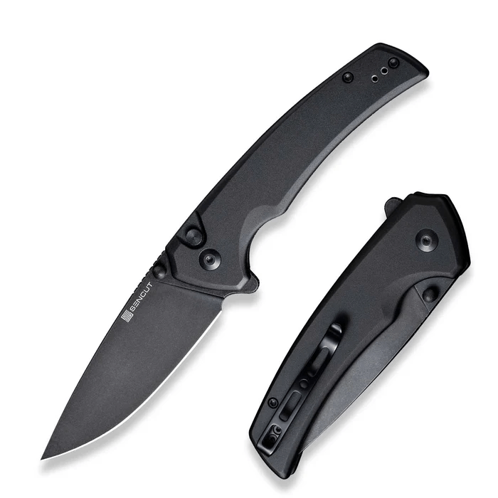 SENCUT Serene Flipper/Thumb Stud Folding Knife 3.48"" Black D2 Drop Point Plain Edge Blade, Black Aluminum Handle S21022B - 1 - WCUniforms