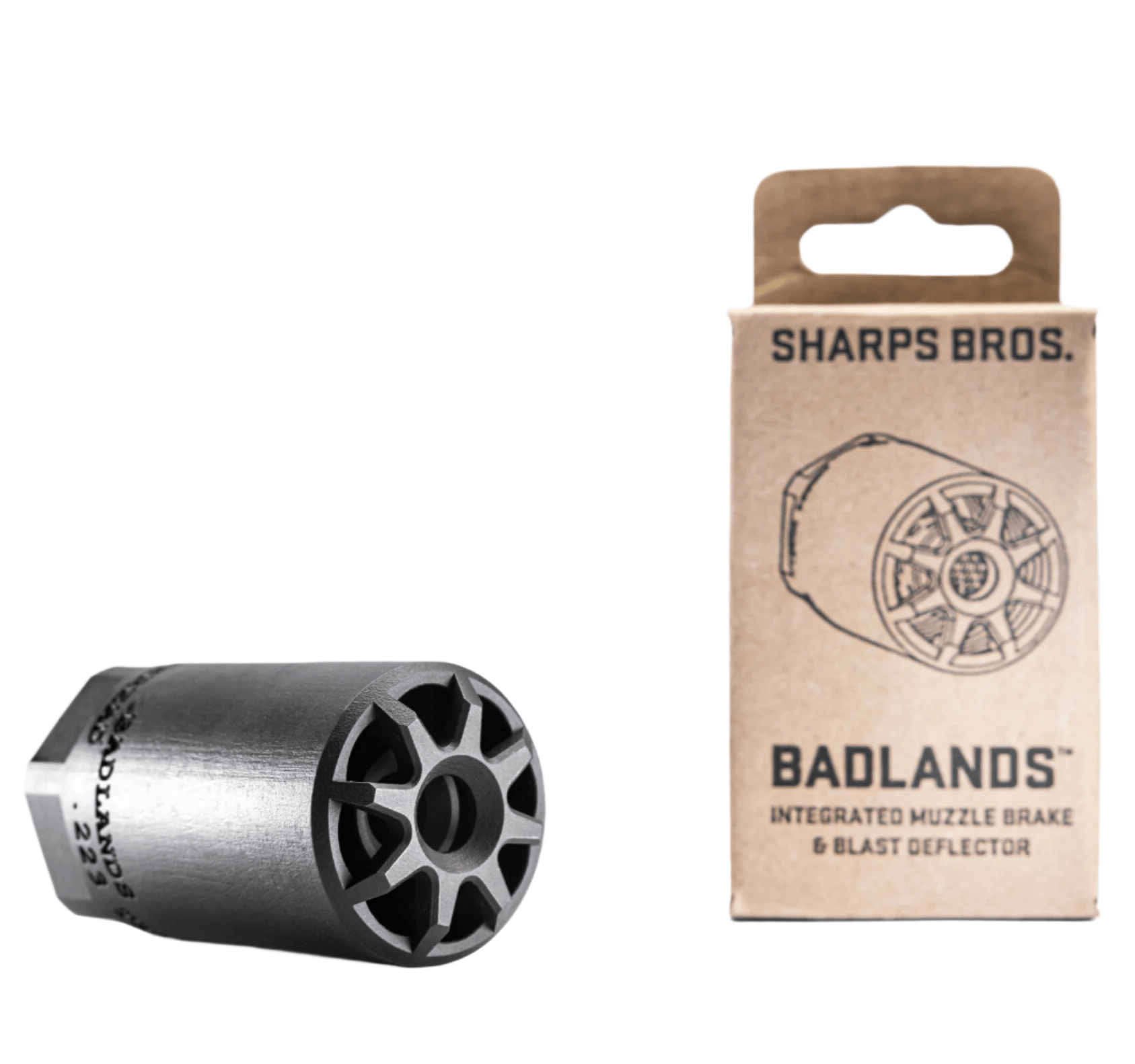 Sharps Bros Badlands integrated muzzle brake and blast deflector with packaging, made from 17-4 stainless for high durability.