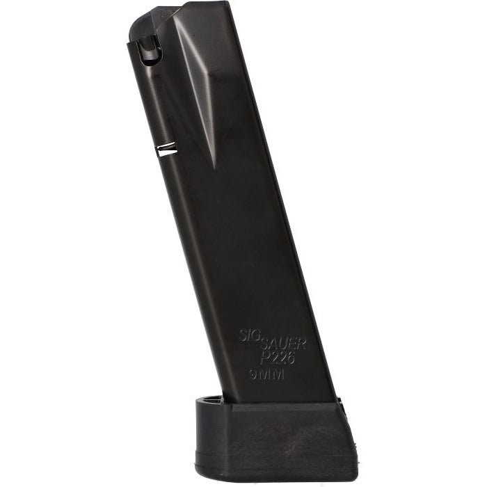 SIG SAUER P226 MAG-226-9-20 20-round 9mm magazine angled view, steel body and polymer baseplate construction