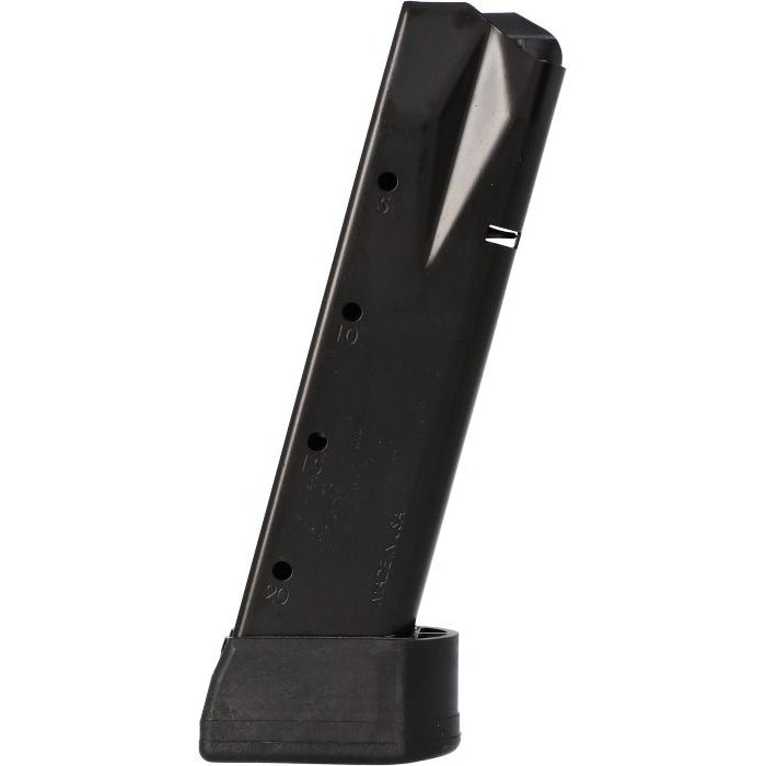 SIG SAUER P226 MAG-226-9-20 20-round 9mm magazine front view, black steel body with zinc phosphate finish