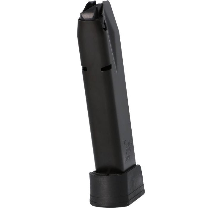 SIG SAUER P226 MAG-226-9-20 20-round 9mm magazine closeup, black zinc phosphate finish and side witness holes