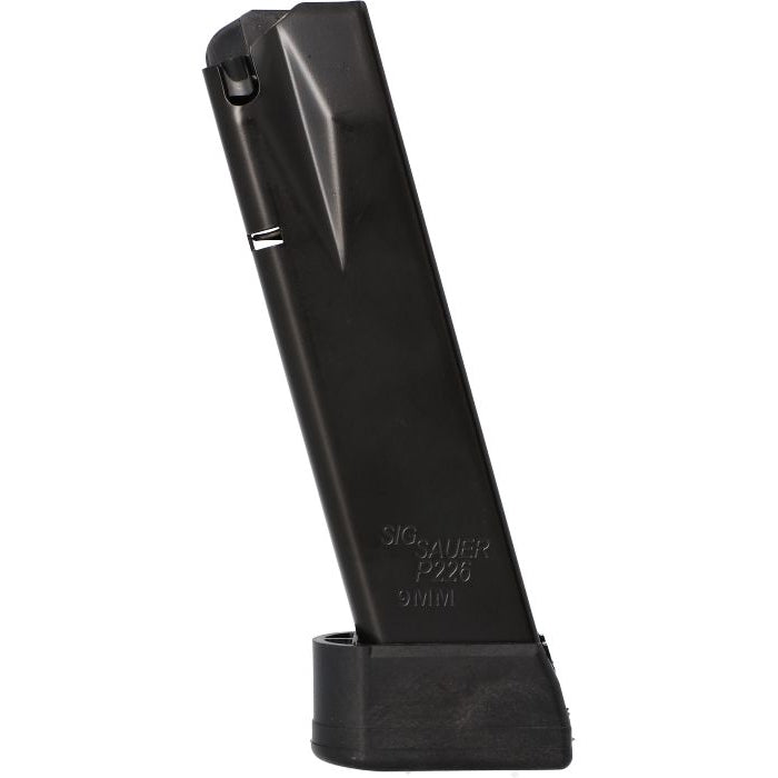 SIG SAUER P226 MAG-226-9-20 20-round 9mm magazine angled view, steel body and polymer baseplate construction