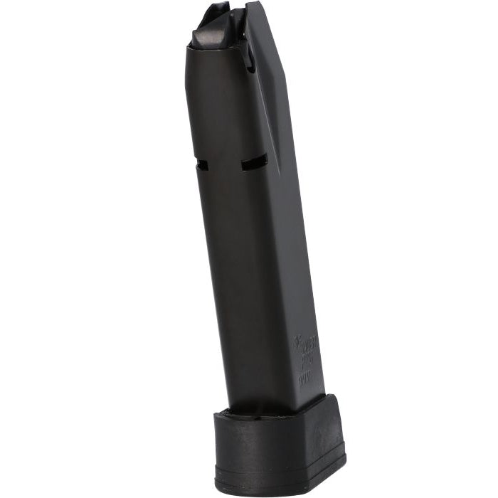 SIG SAUER P226 MAG-226-9-20 20-round 9mm magazine closeup, black zinc phosphate finish and side witness holes