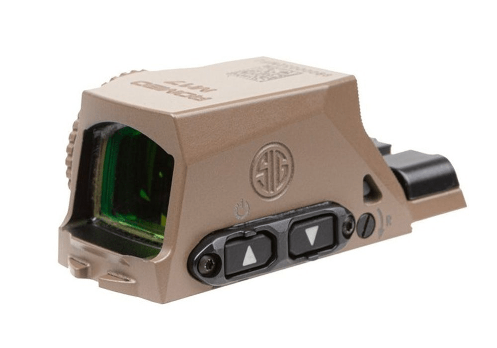 SIG SAUER ROMEO-M17 optic with controls, designed for M17 and M18 pistols, showcasing its military-grade features.