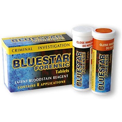 Sirchie BLUESTAR Forensic Tablets packaging and tubes, ideal for bloodstain detection in criminal investigations.