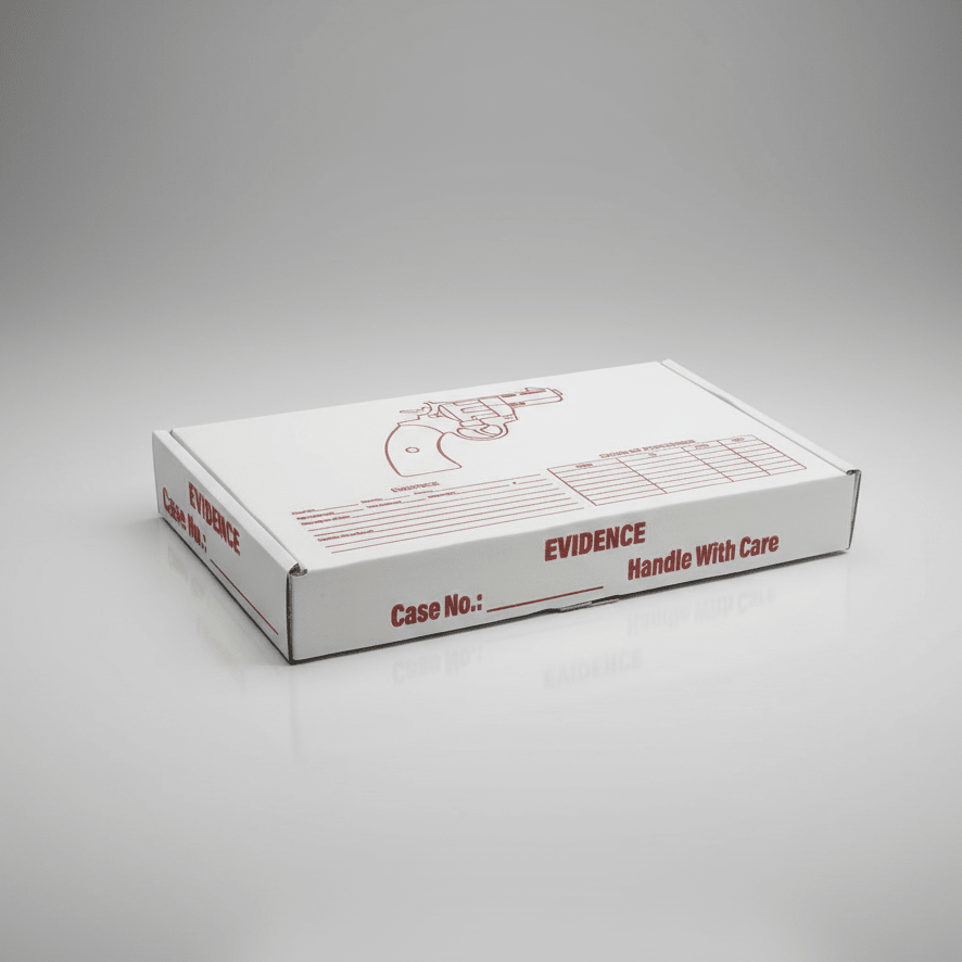 White gun evidence box with red text on a gray background