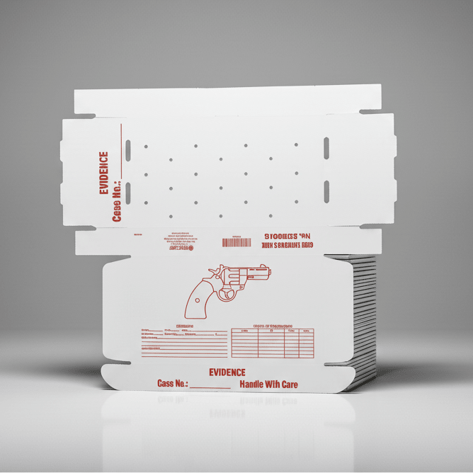 Stack of white gun evidence boxes with red text and graphics on a gray background