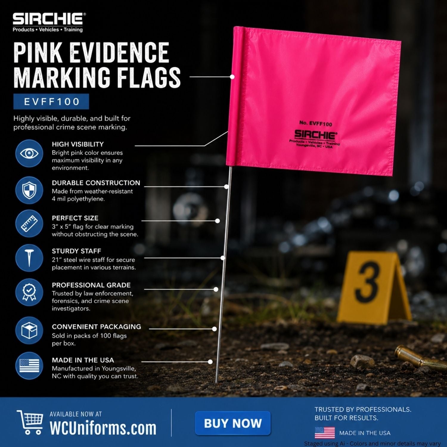 Pink evidence marking flag with SIRCHIE branding and product features on a dark background.