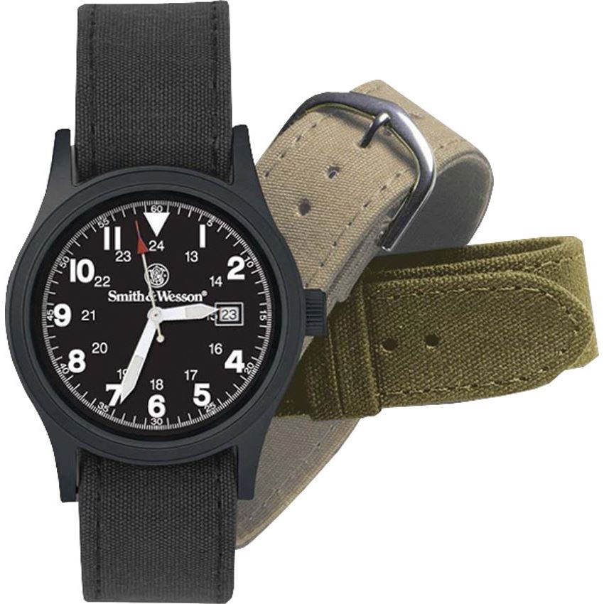 Smith & Wesson watch with black and green straps on a white background