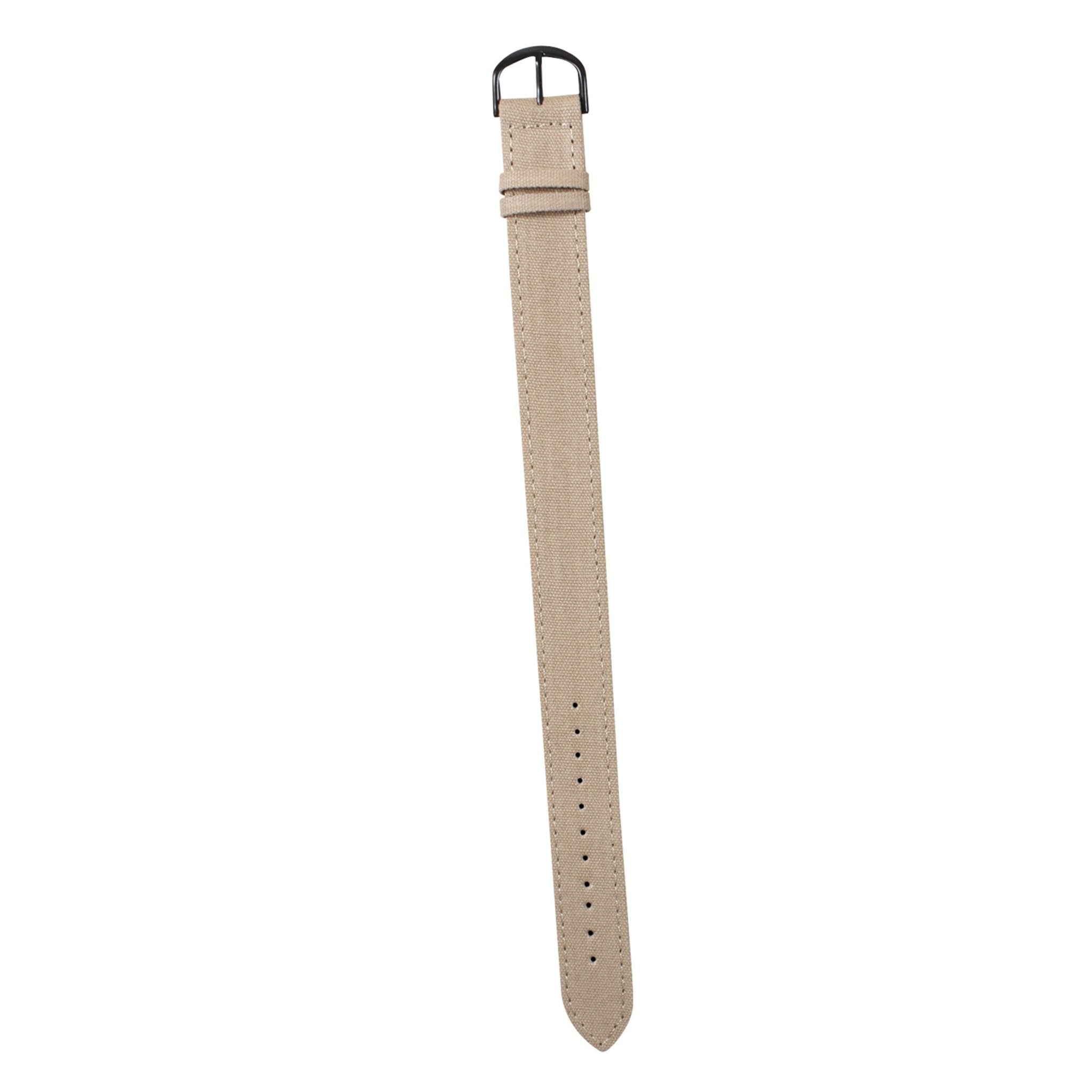 Beige watch strap with black buckle on a white background