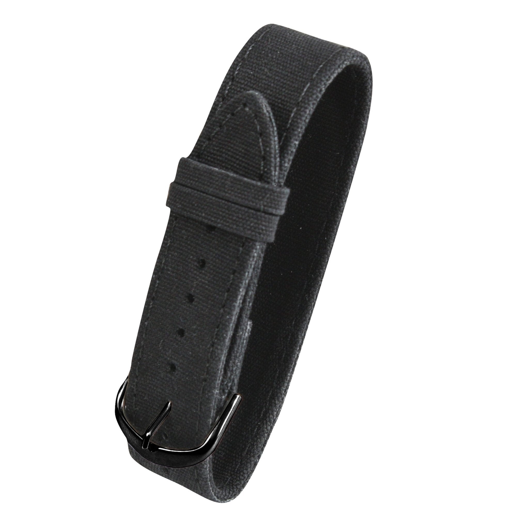 Black watch strap with metal clasp on a white background