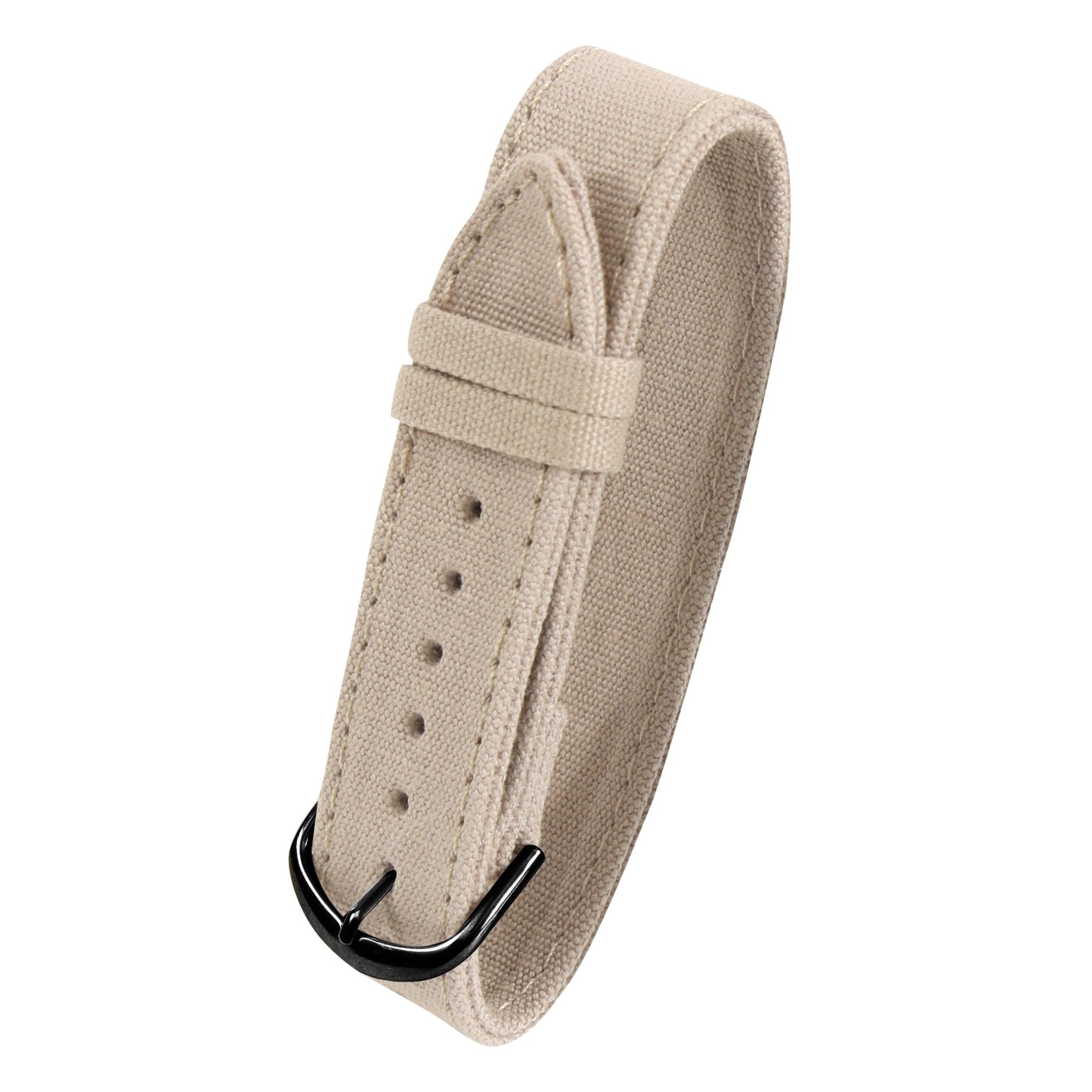 Beige watch strap with black buckle on a white background