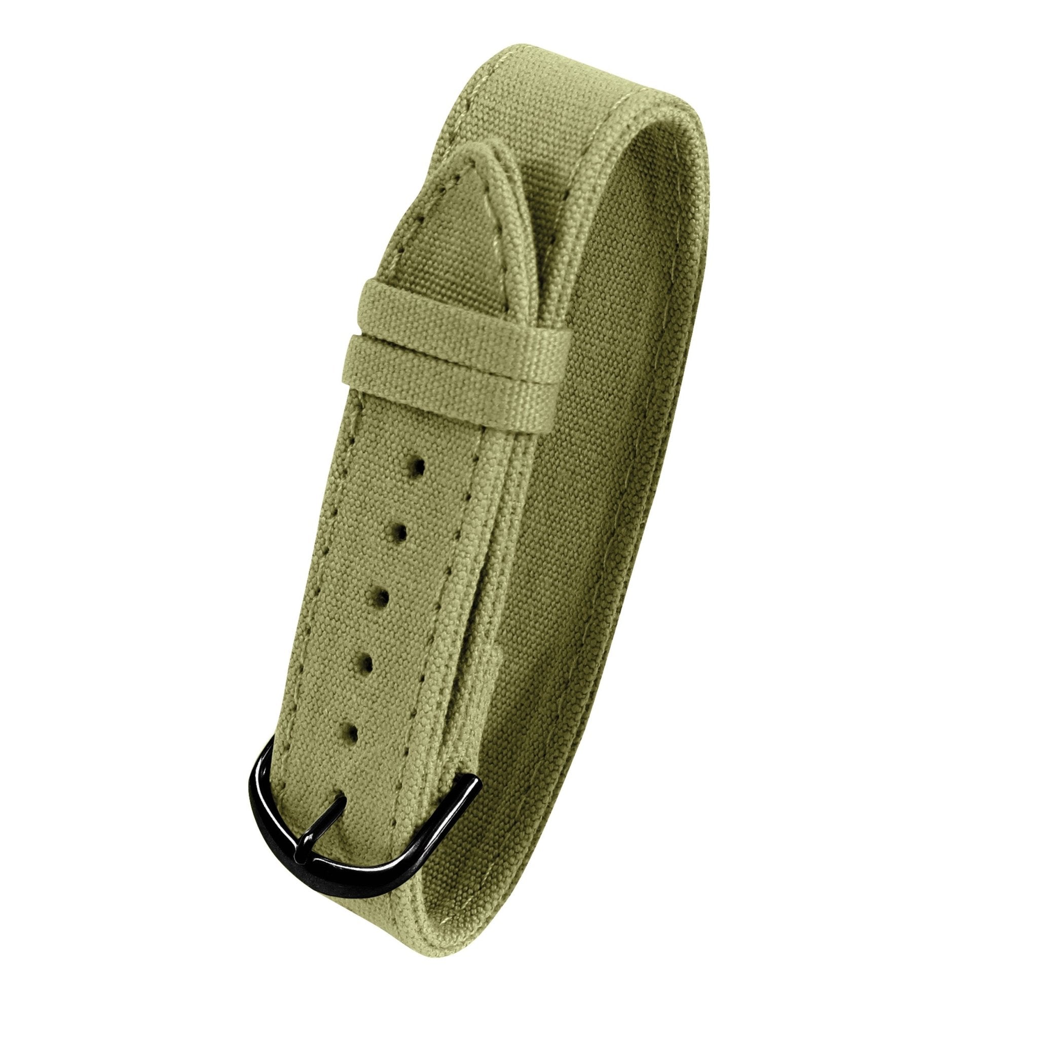 Green watch strap with black buckle on a white background